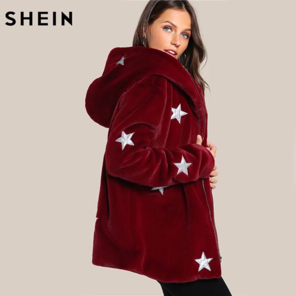 ⭐️ Shein Faux Fur Star Print Hoodie Jacket Coat size SMALL